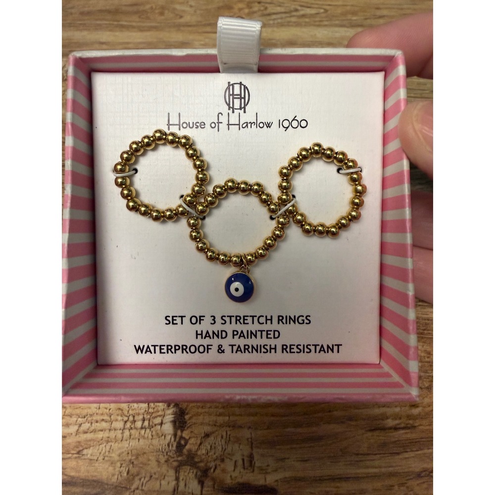 House of Harlow 1960 Stretch Rings Set 3 Gold Blue Evil Eye Boho Stackable